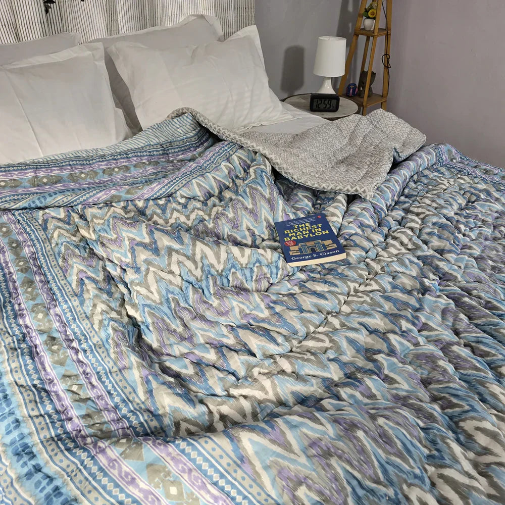 Hand Block Printed Jaipuri Cotton Quilt – Blue & Purple Geo Stripes (90X108 Inches)